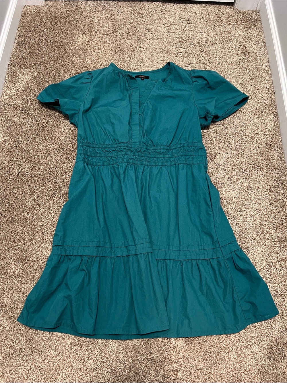 Quince Teal Short Sleeve Smocked Waist Mini Dress
